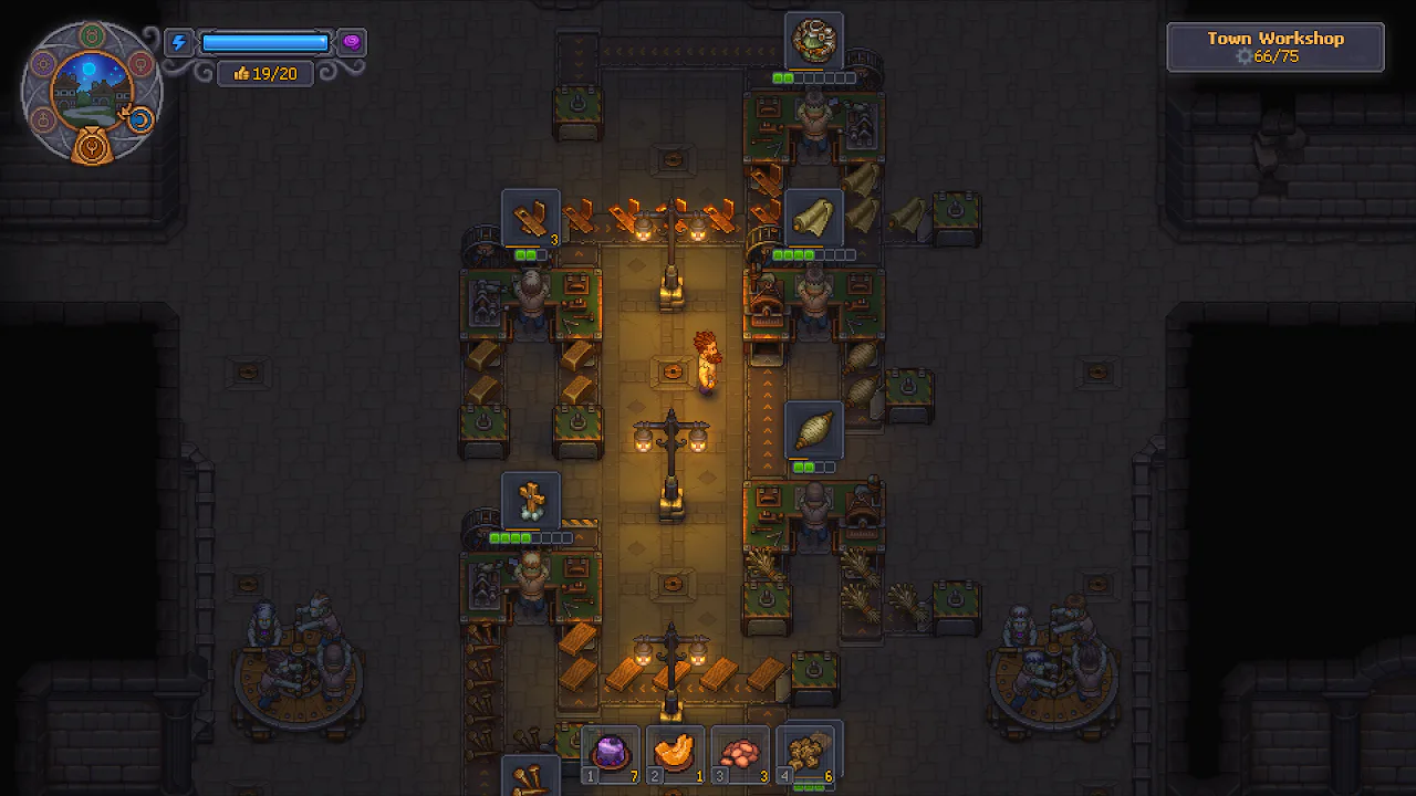 Graveyard Keeper 2 gameplay screenshot showing a lit Town Workshop with multiple zombie-powered production stations.