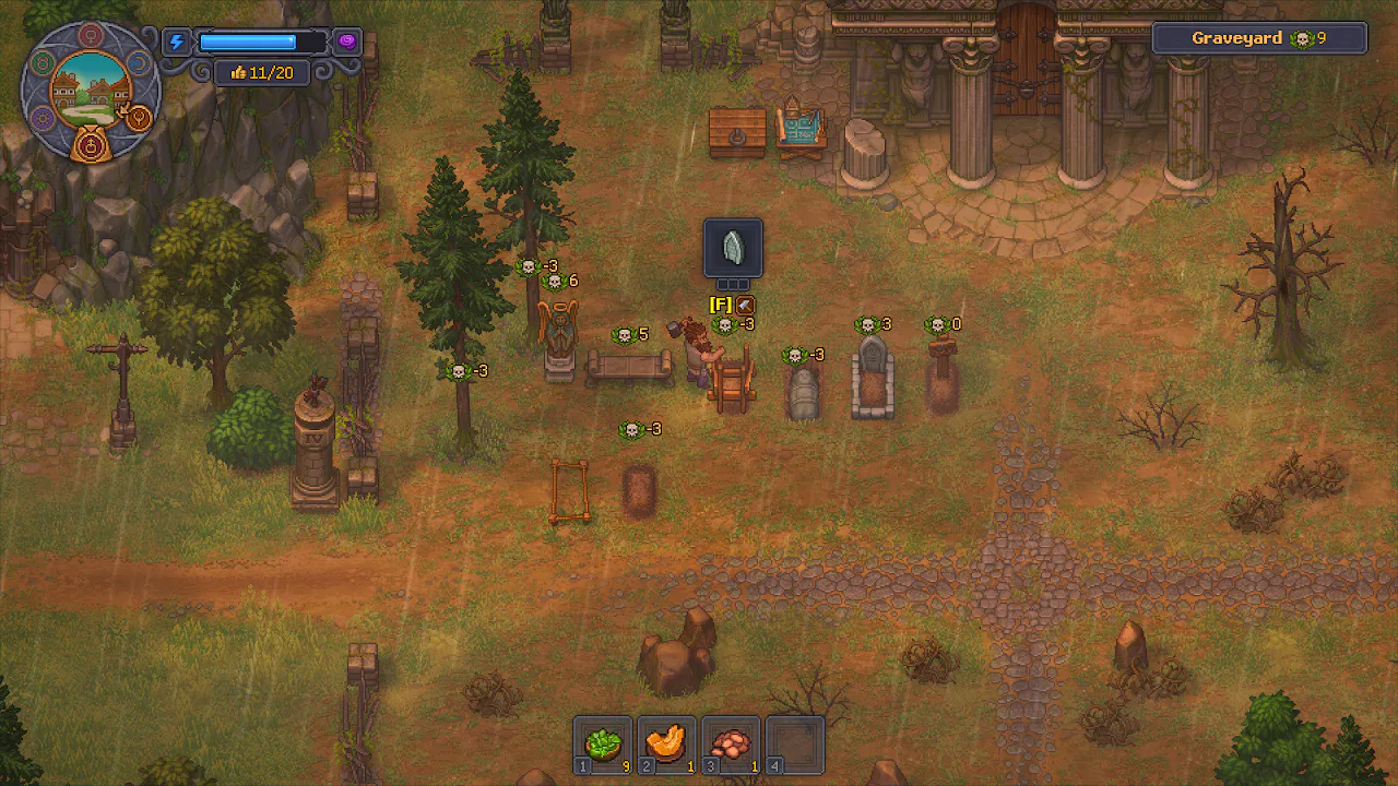Graveyard Keeper 2 gameplay screenshot showing the Keeper working among graves outside a ruined stone building.