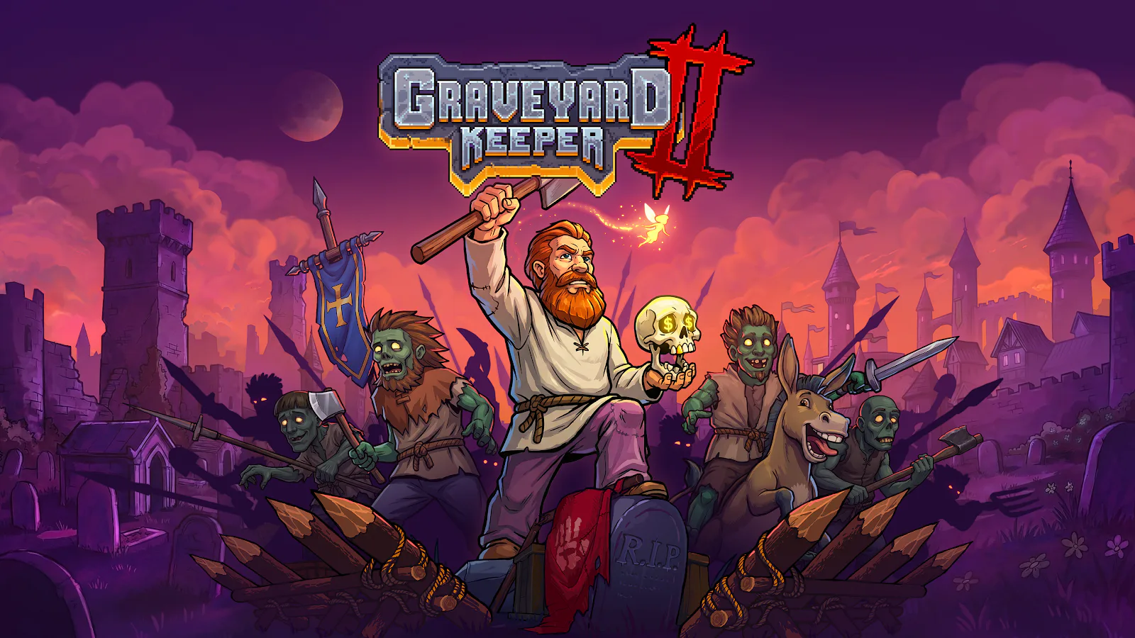 Graveyard Keeper 2 key art with the Keeper, zombies, a donkey, and the game logo before a purple medieval town.
